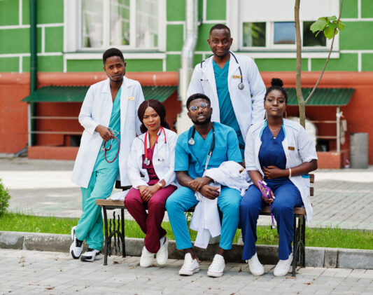 Group of african medical students posed outdoor.